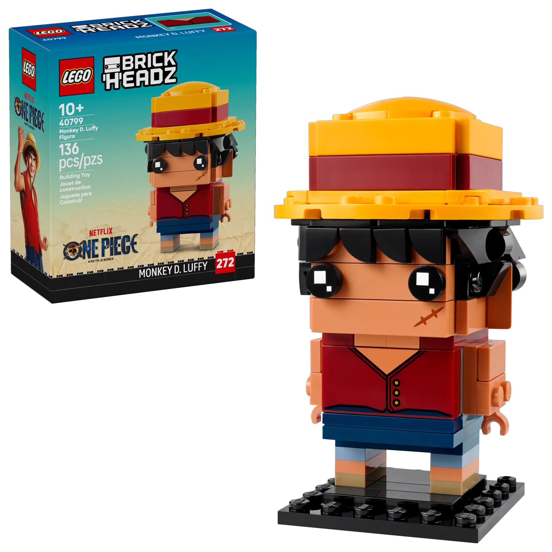 LEGO BrickHeadz One Piece Monkey D. Luffy Figure, Building Toy Set 40799, 136 Pieces, Ages 10+, Netflix Series Collectible