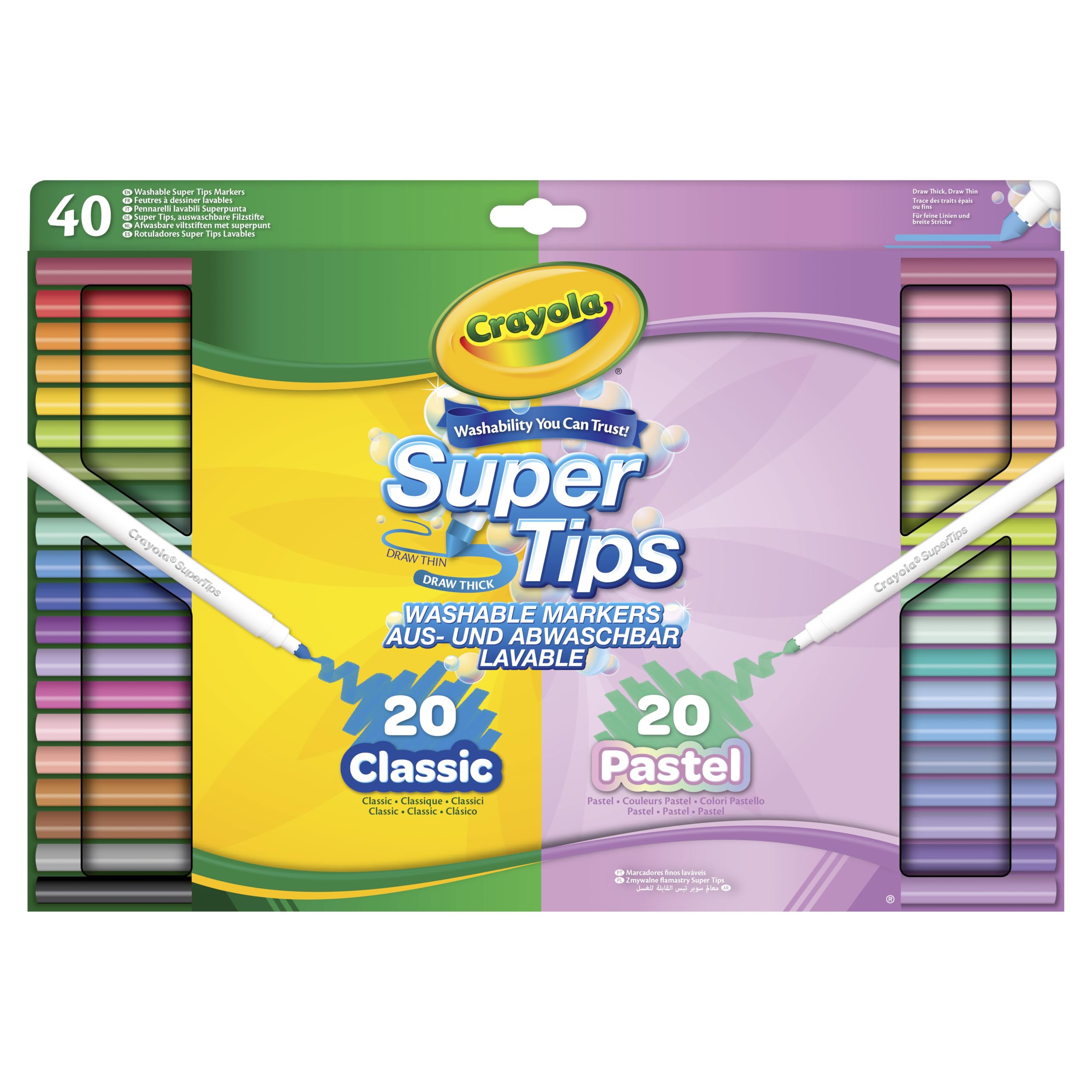 CRAYOLA SuperTips Washable Colouring Pens, Pack of 40, 20 Classic and 20 Pastel Colours